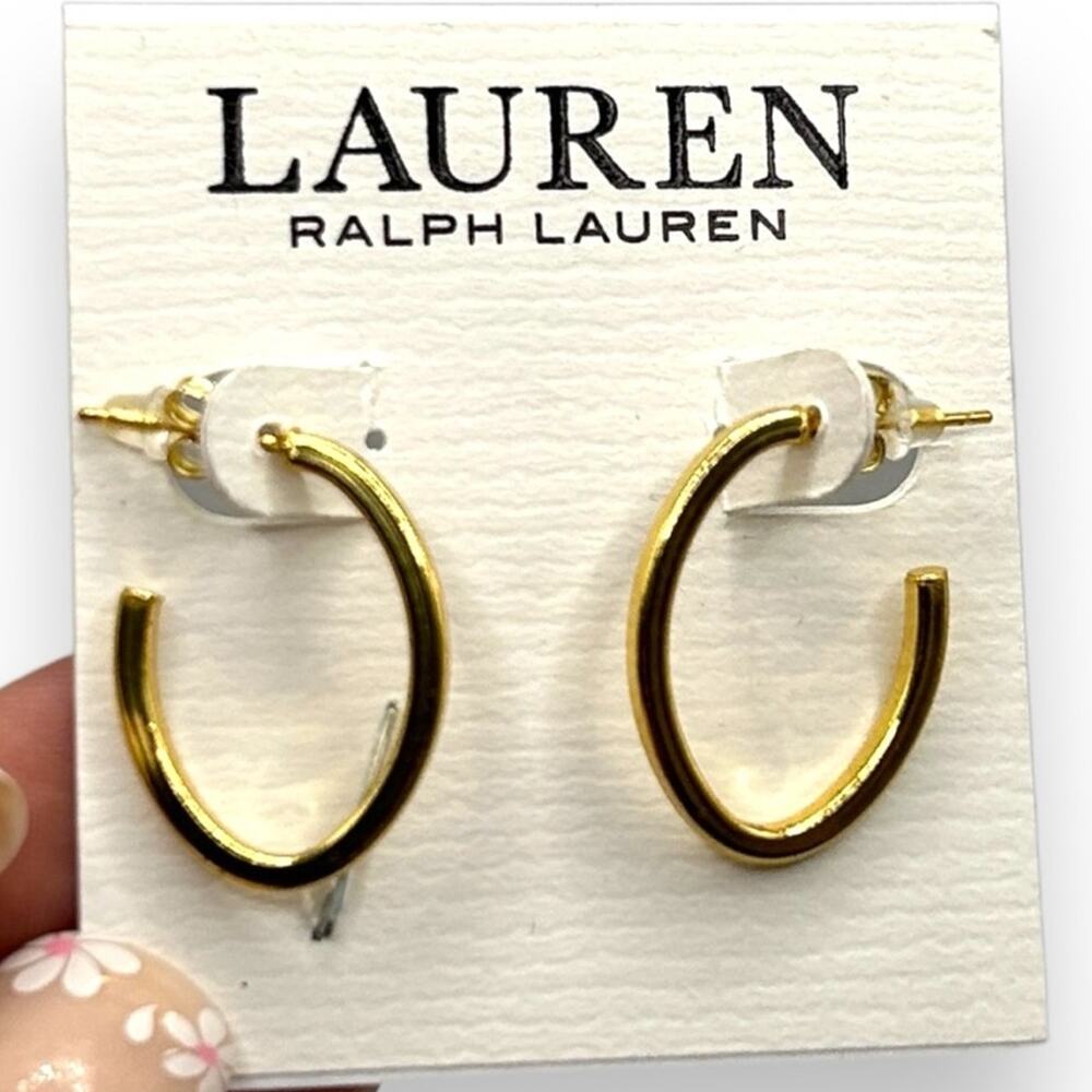 NEW Lauren Ralph Lauren Gold Hoops Polished Hoop Earrings in 18k Gold Plate 1"